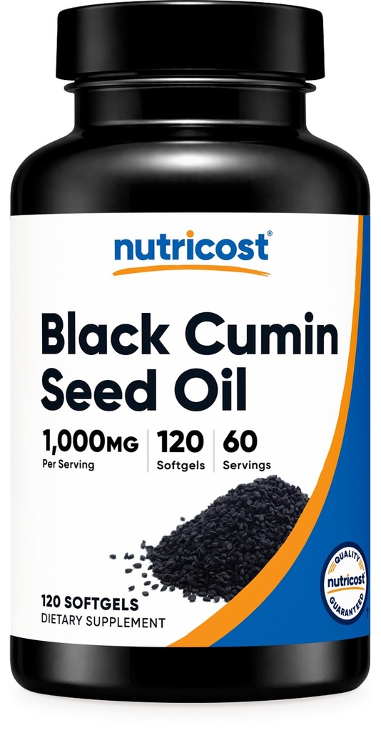 Nutricost Black Seed Oil (Cumin) - Cold Pressed, Source of Omega 3 6 9-120 Softgels, 1000mg Per Serving, 60 Servings - Non-GMO and Gluten Free
