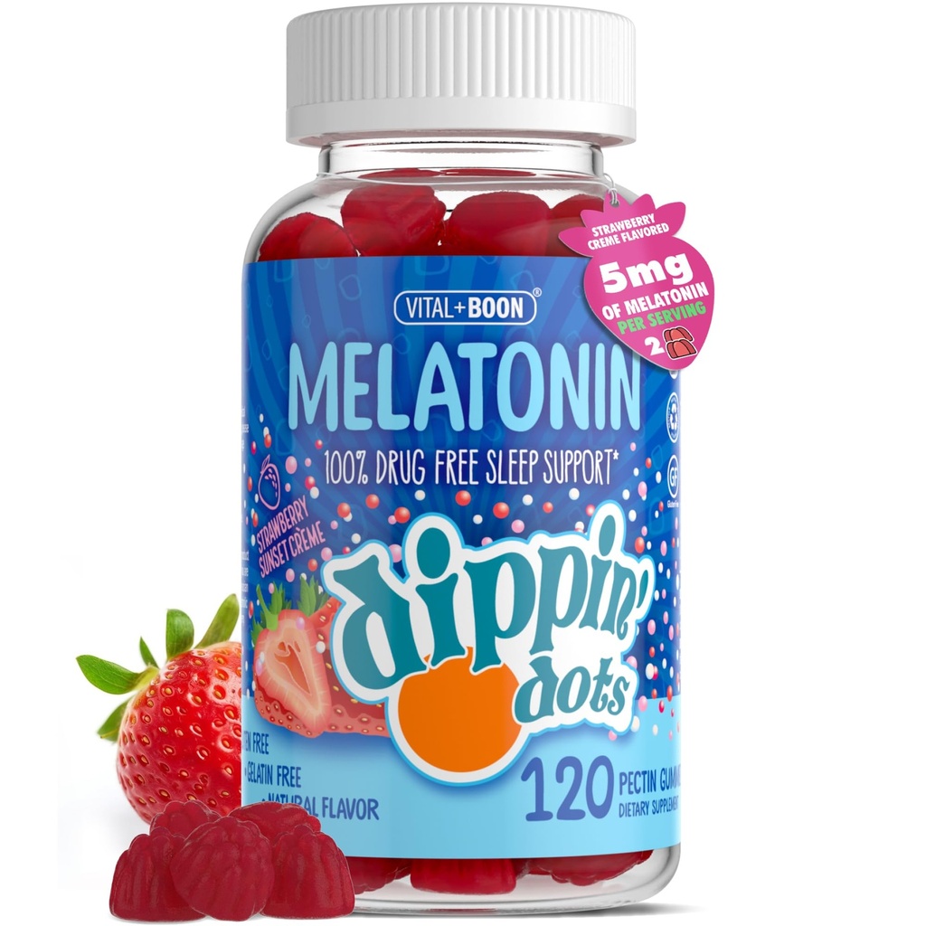 Dippin Dots - Melatonin Gummies for Kids & Adults (60 Days Supply) Strawberry Sunset Creme Flavor | 2.5mg Per Kids Melatonin Supplement for Faster, Longer Sleep | Gummies for Children (120 Count)
