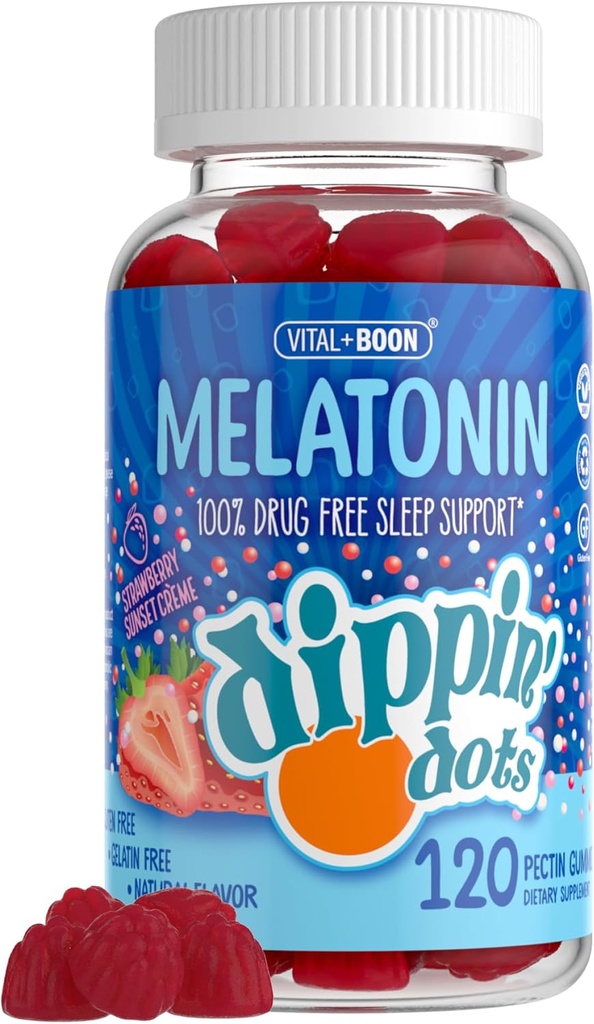 Dippin' Dots - Melatonin Sleep Support Gummis (120 Count) Strawberry Sunset Creme Flavor Chews | 2.5mg pro Gummy Sleep Supplement für Kinder und Erwachsene | Supplement für schnellere und längere Schlaf