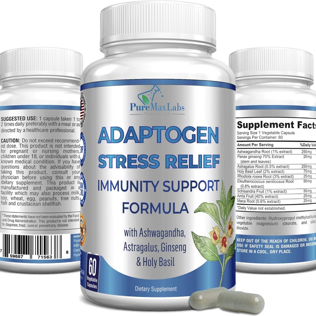 Adaptogen Stress Relief Immune Support Formula - Supporto adrenale adaptogenico con Ashwagandha, Astragalus, Ginseng, Sacro Basilio, Rhodiola, Amla, Maca, Schisandra, Non-GMO - 60 capsule