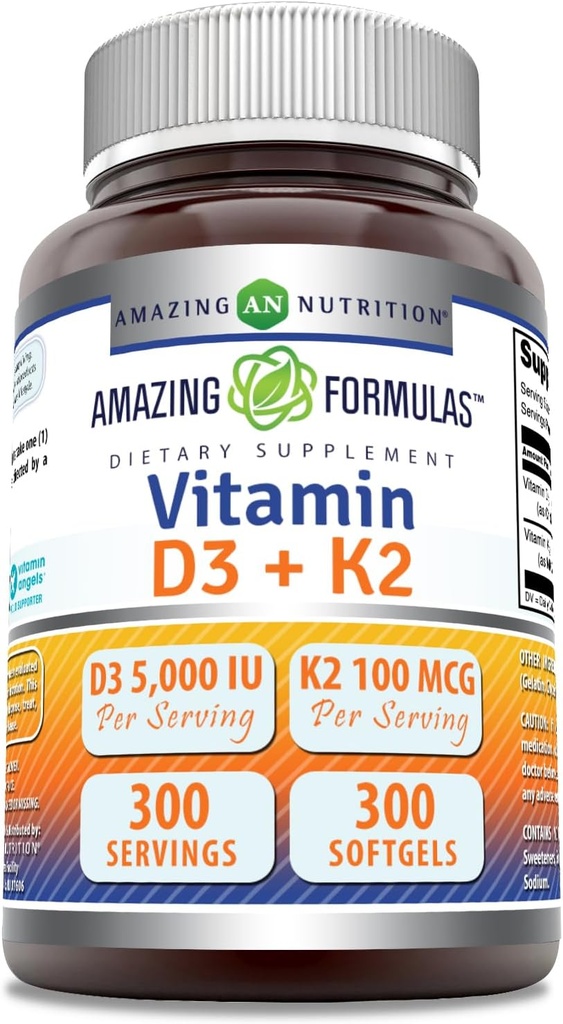 Stupefacente formula vitamina D3 5000 IU con vitamina K2 100 Mcg | D3 + K2 supplemento complesso | Softgels | Non-GMO | senza glutine made in USA (1 pacchetto, 300 conteggio)