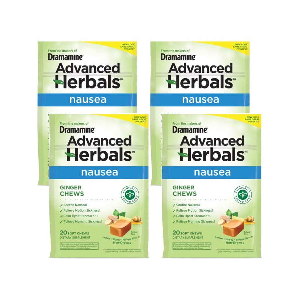 Dramamine Advanced Herbals Nausea Ginger Chews, Non Drowsy Motion Sickness Relief, Lemon Honey Ginger Flavor, Soothes Upset Stomach, 20 Soft Chews (Pack of 4)