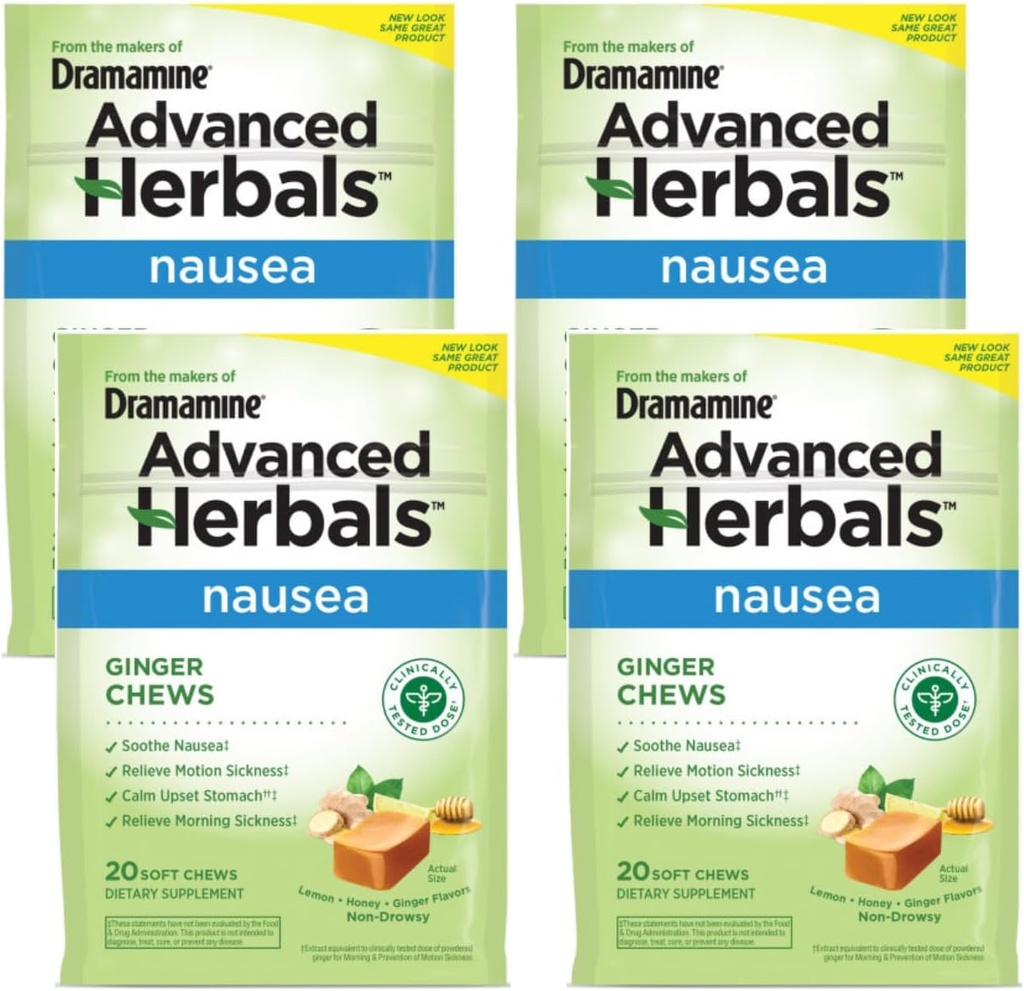 Dramamine Ginger Chews, hjelper med kvalme, sitron honning Ginger Flavor, 20 myk Chews (pakke med 4)