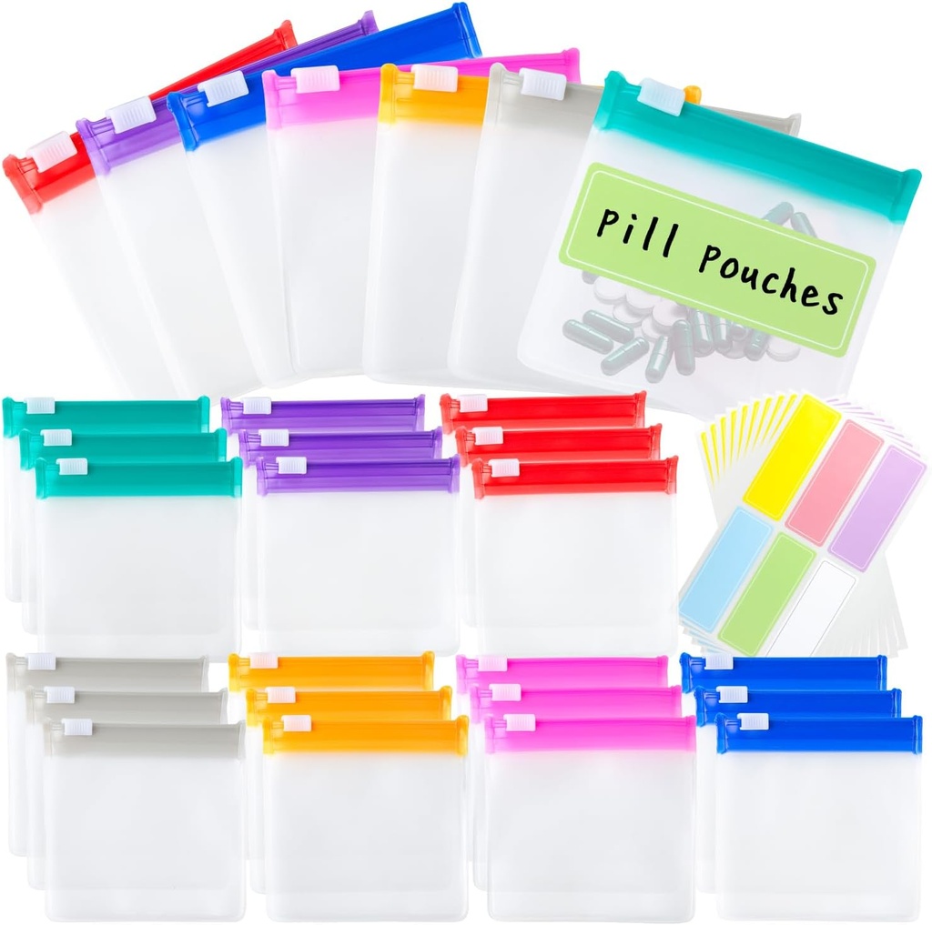 Pill Pouch Torby wielokrotnego użytku Pill Pouches z etykietami Zestaw 21 Piły Bagietki codziennie Medycyna Pill Organizer Small Medicine Bag Self Seal plastikowe Pill Pakiety ze Slide Lock (7 Kolory)