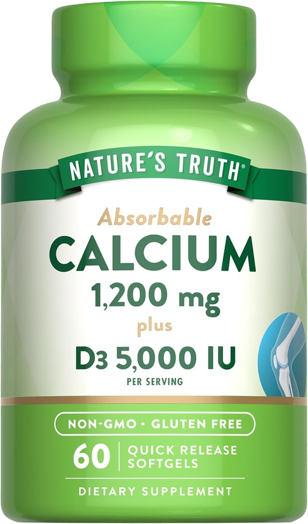 Calcium della verità della natura 1200mg con vitamina D3 5000 IU | 60 Softgels | dal carbonato di calcio | Supplemento gratuito non OGM & Gluten