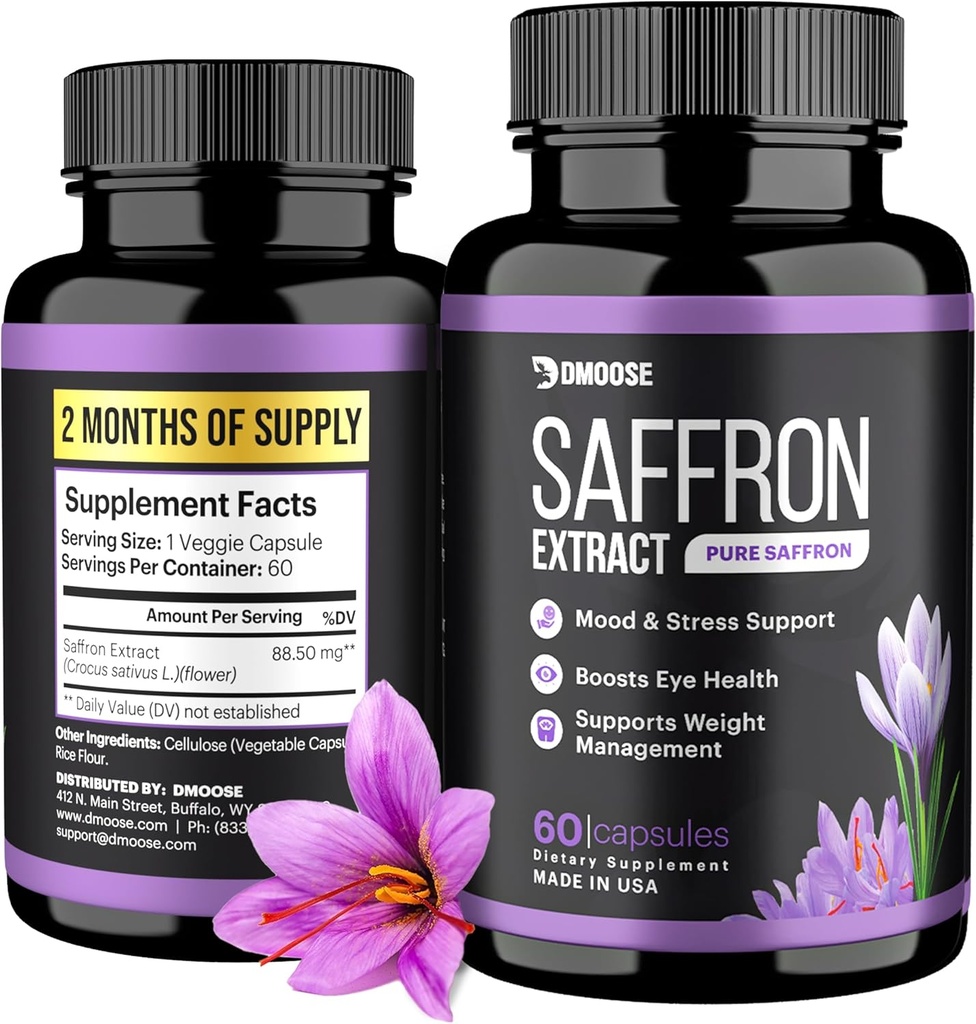 DMoose Safran Extract (88.5 mg) - Forbedring av energi, støtte Eye Health - Ikke-GMO Safran Supplement for menn og kvinner - 60 kapsler (2 måneders servering) (60 tall)