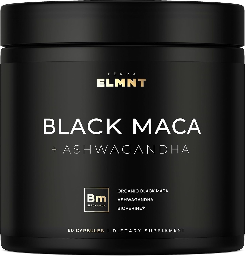 ELMNT 40.000mg 40x Sila Organic Black Maca Root w. Ashwagandha - # 1 Najvyššia potencie Black Maca Root Kapsule pre mužov Supplement 40:1 Extract - 100% Pure Maca Peruana Powder Pills Želatínové
