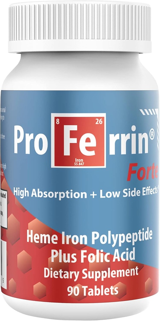 Proferrin Forte-12mg de polipéptido de ferro de alta absorción. Doado no Gut. 90 Tablets. 1mg de ácido fólico para axudar na produción de células vermellas. Non está afectado polo café, o calcio ou o PPI.