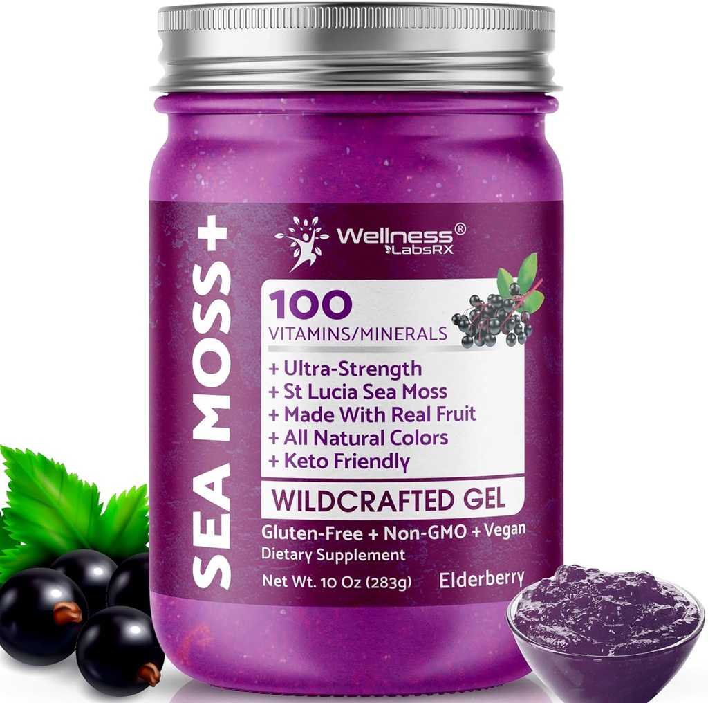 WELLENSS LABSRX Irish Sea Moss Gel Raw - Wildcrafted Superfood Seamoss Gel - Elderberry Flavor, Vitamin and Mineral-Rich от Pristine Caribbean Waters, Имунна и Digestive Health Support - 10 oz.