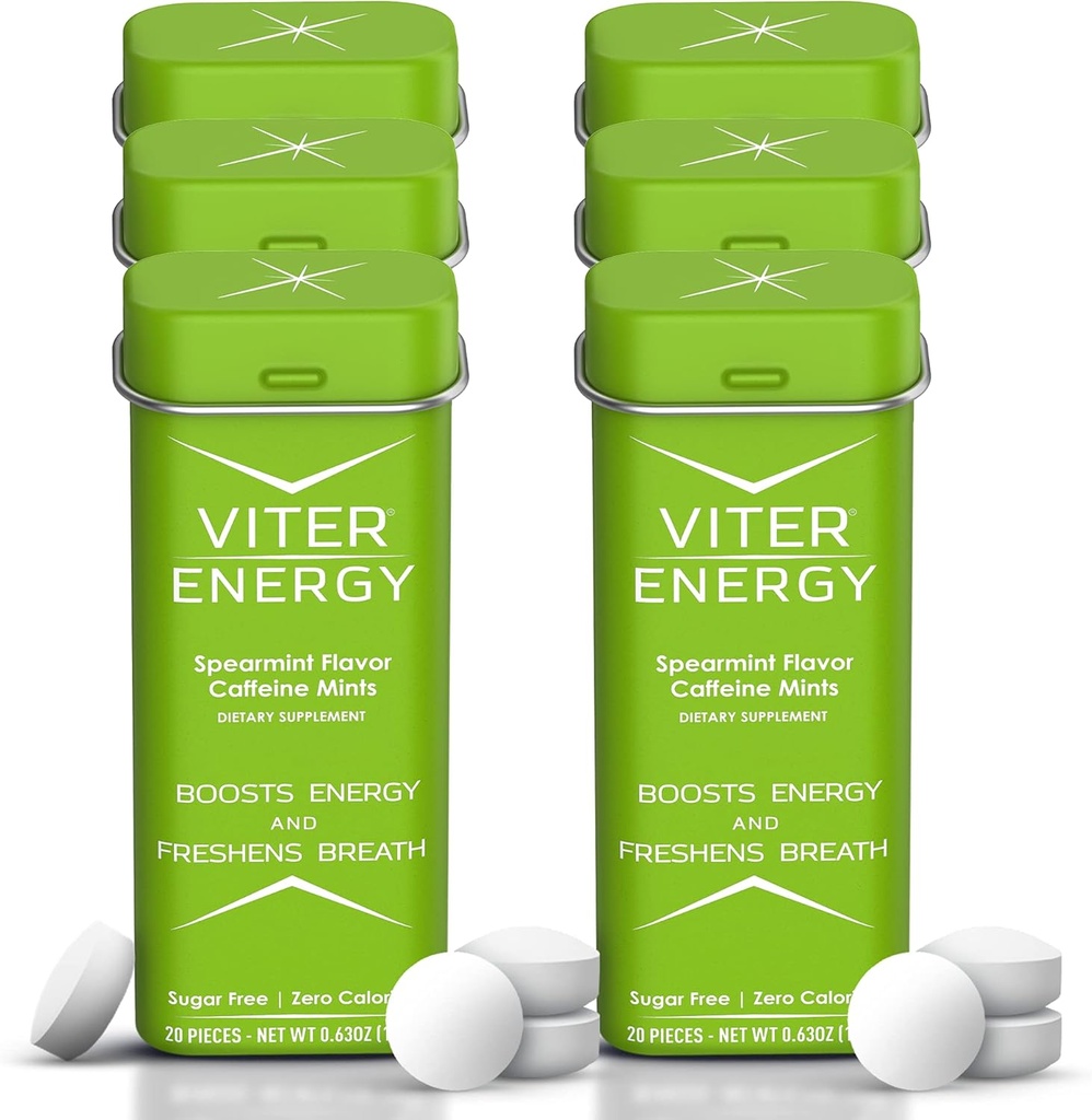 Viter Energy 40mg Coffeine Mints - Be cukraus, B Vitaminai, Vegan, Boosts Fast Energized Alert Focus, Kofeino Nootropinio Papildymai (Spenarmėčių skonio, 20vnt, 6 Pack, 120vnt Iš viso)