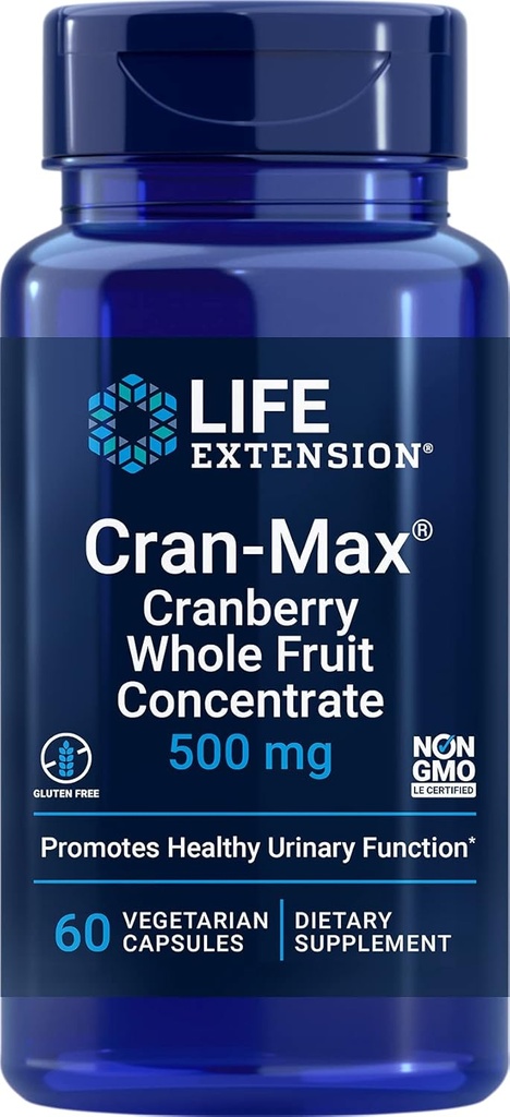 Life Extension Cran-MAX®, 500 מ"ג, Cranberry Whole Fruit Concentrate, מקדם את הבריאות של Urinary Tract עם נוגדי חמצון Powerful, Gluten-Free, Vegetarian, non-GMO, 60 קפסולות
