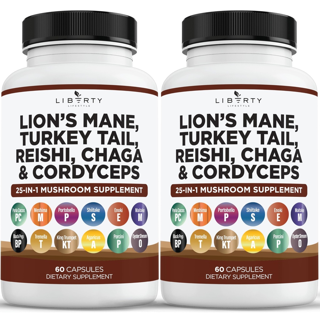 Liberty Lifestyle Lions Mane Mushroom Supplement with Turkey Tail Reishi Cordyceps Chaga with Marshmallow Root - 2-Pack