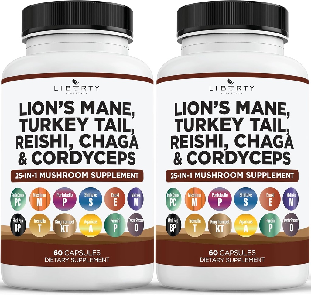Lions Mane Mushroom Suplemento con Turquía Tail Reishi Cordyceps Chaga con Marshmallow Root - 2Pack