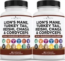 Lions Mane Mushroom Supplement with Turkey Tail Reishi Cordyceps Chaga with Marshmallow Root - 2-Pack