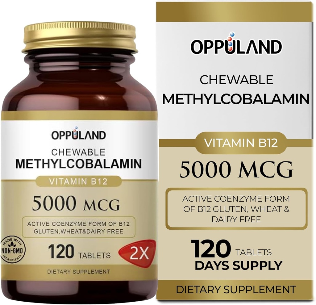 Methyl B-12 5000mcg Chewable with Folate - Витамин B12 Methylcobalamin Сублингвални таблетки - Подкрепете Energy & Brain Function - Веган добавка - оранжев аромат - 120 граф