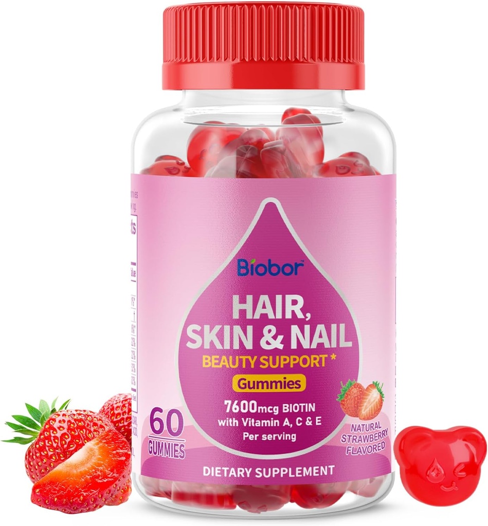 Natuurlijke Haar Huid en Nagels Vitaminen Gummies, 7600mcg Biotin Gummies voor vrouwen Mannen Schoonheid Ondersteuning, Non-GMO (Strawberry Flavor, 60 Tel)