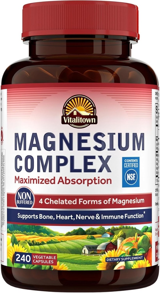 Vitalitown Magnesium Complex Supplement 500mg, Maximalized Absorptie, NSF Certified Chelated Magnesium Glycinate, Malate, Taurate & Citrate for Sleep, Energy & Heart, Vegan, Non-GMO 240 Caps