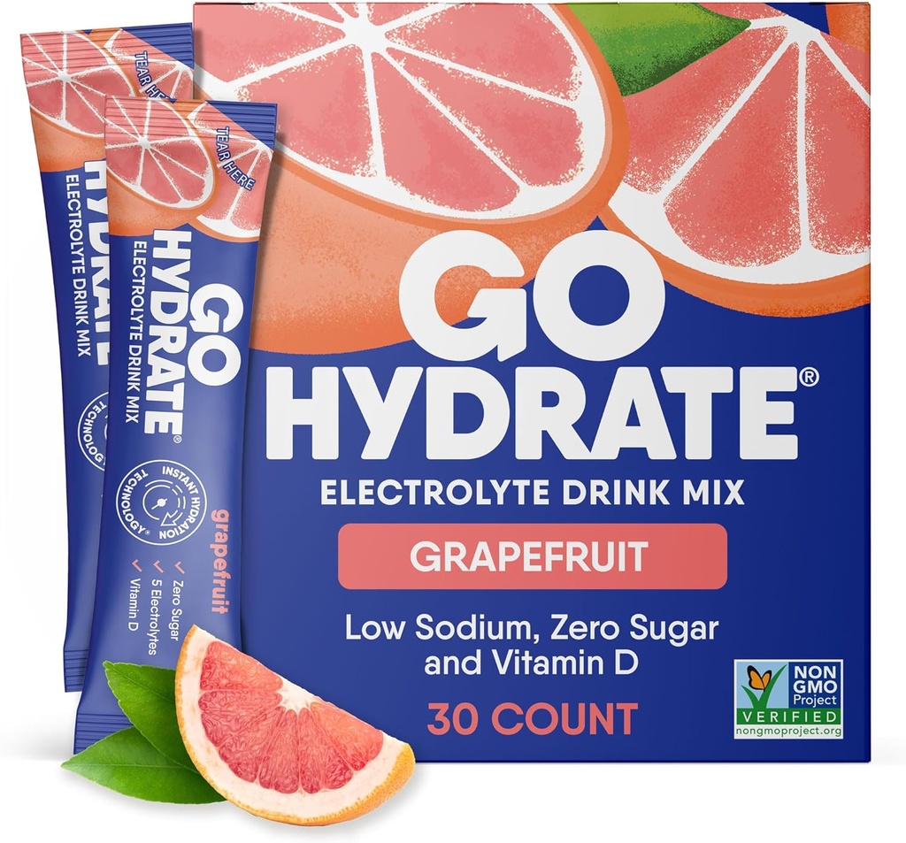 GoHydrate Low Sodium Electrolytes Powder Packets Sugar Free - Instant Hydration Daily Drink Mix - Zero Sugar Water Flavor Packet Uns with Vitamin D - (Grapefruit, 30 Packs)
