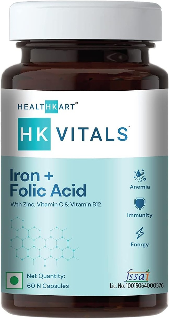 Thiết bị hỗ trợ axit folic, với Zic, vitamin C & B12, hỗ trợ tòa nhà máu, miễn dịch và năng lượng, 60 bảng axit Iron Folic