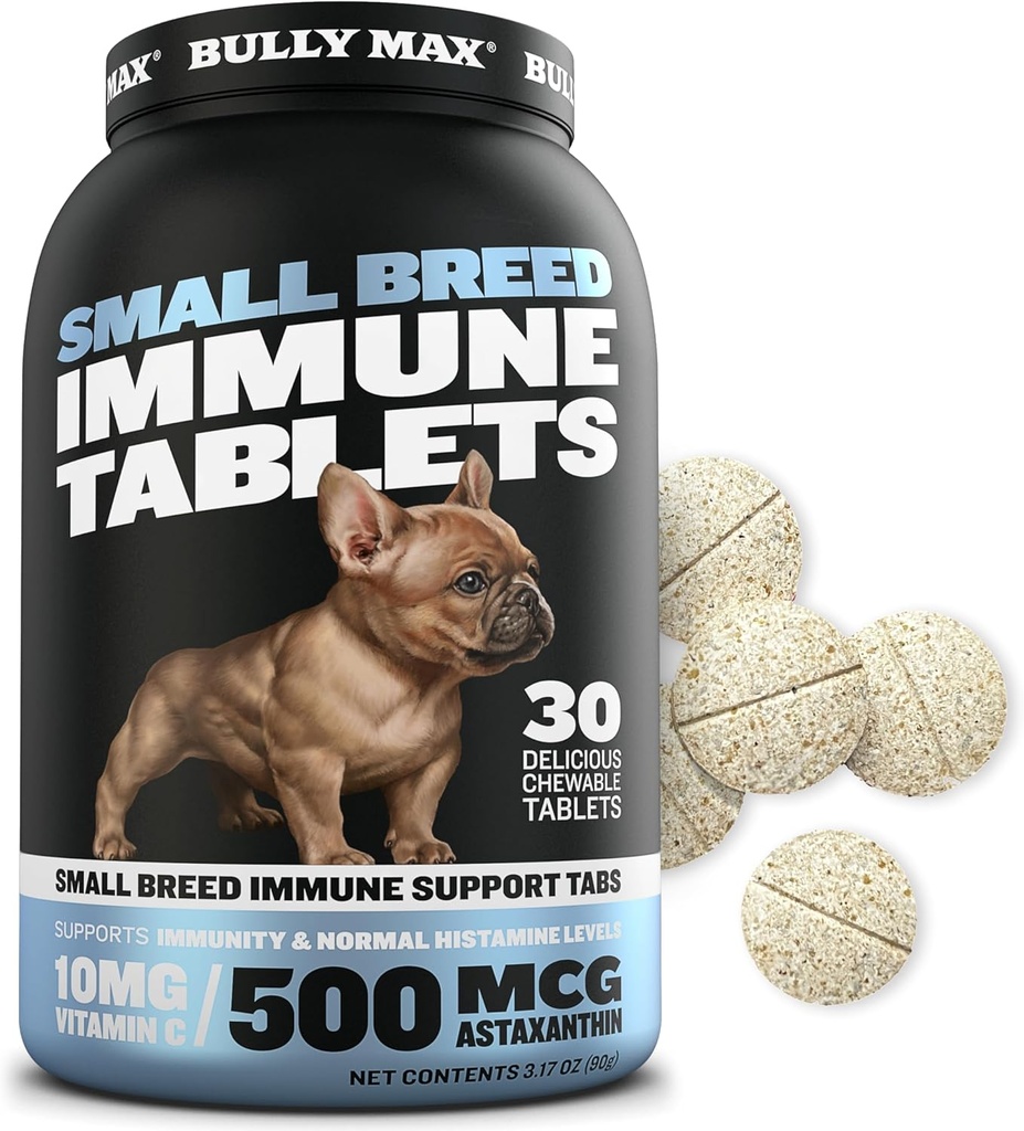 Bully Max Small Breed Dog Immune Support Tablets - pies do żucia Multivitamin Immunitet Booster Tabs dla szczeniąt i dorosłych psów - Witaminy z Astaksantyny, Colostrum, Turmeric - 30 tabletek