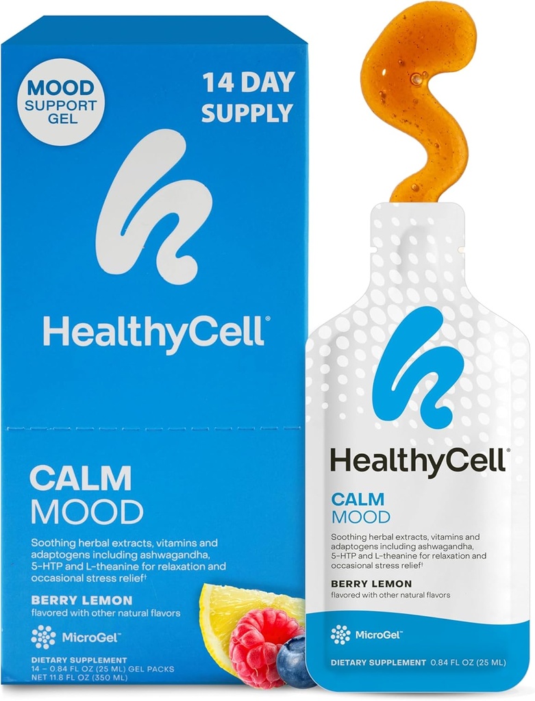 Healthycell Calm Mood Daily Liquid Supplement - Cortisol Manager & Mood Support Supplemento per lo stress con Ashwagandha, L-teanina, Magnesio, 5-HTP, GABA & Saffron - 14 Gel Packs