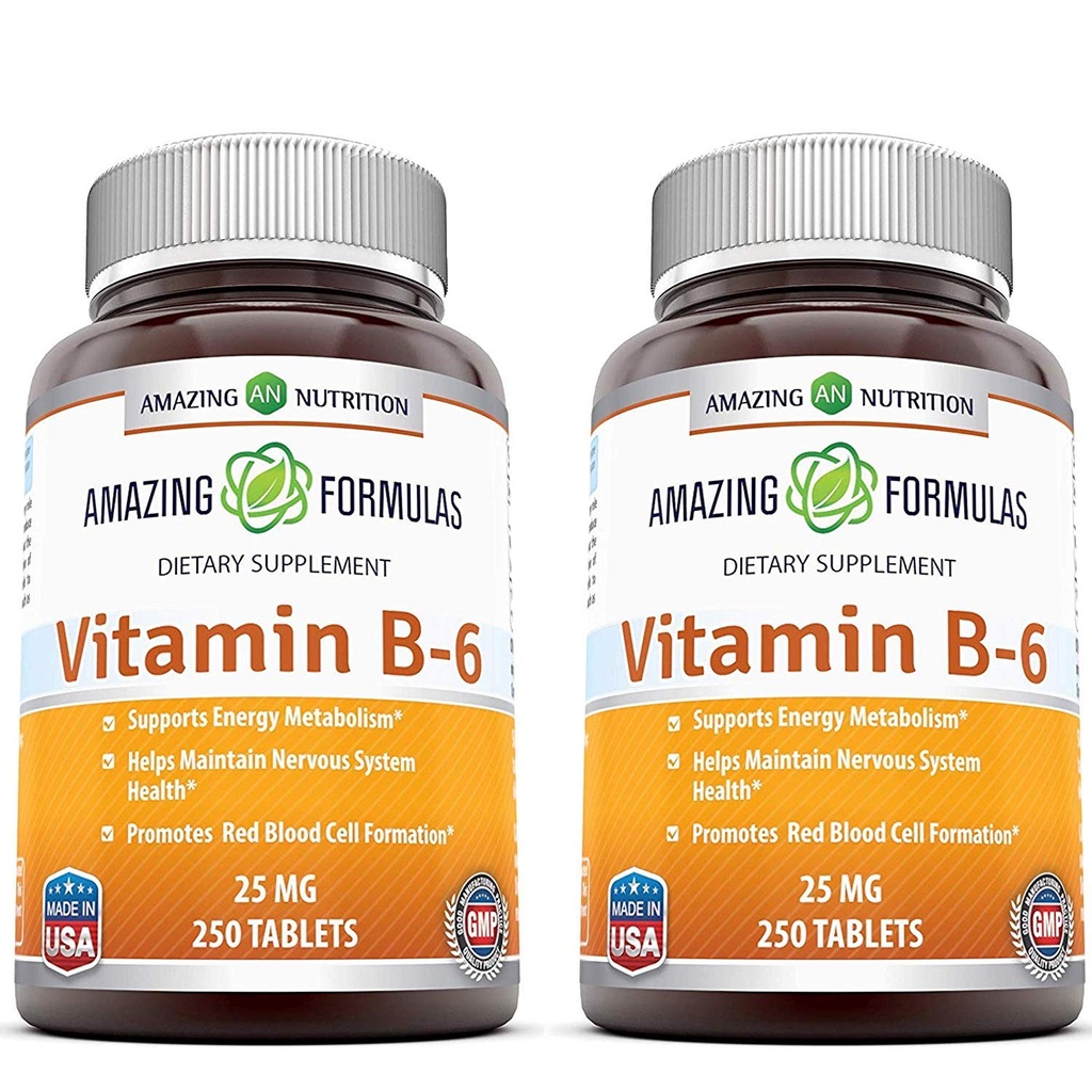Amazing Formulas Vitamin B6 Pyridoxine 25mg 250 Tablets Supplement | Non-GMO | Gluten Free | Made in USA (2 Pack)