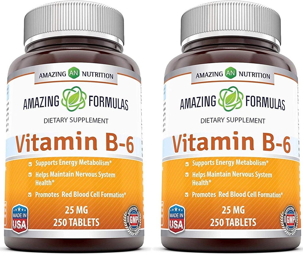 Formula harrigarriak B6 Pyridoxine 25mg 250 Tablets gehigarria | Ez-GMO | Gluten Free | Made in USA (2 Pack)