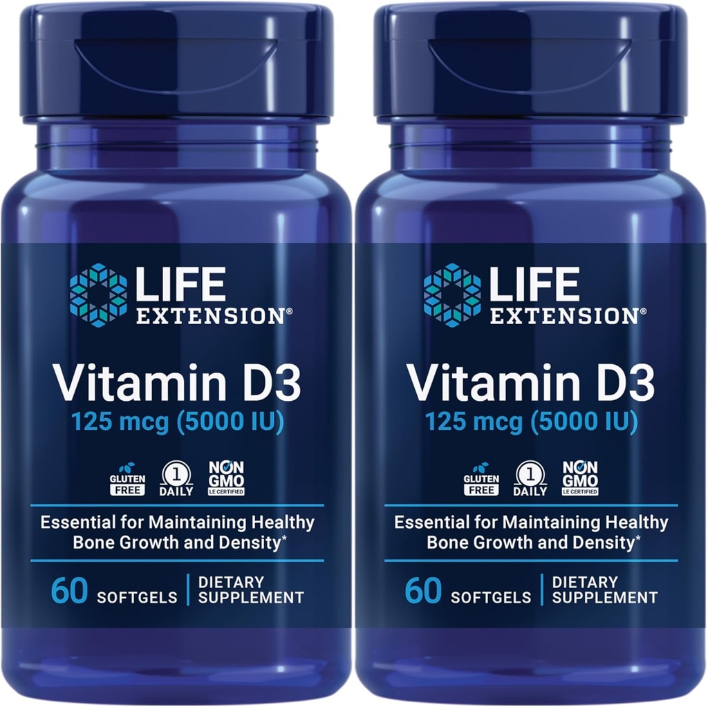 Life Extension Vitamin D3 125 Mcg (5000 Iu) – Fördert Knochengesundheit, Gehirngesundheit und Immunfunktion – Non-GMO – Gluten-Free – Two Pack – 2 x 60 Softgels