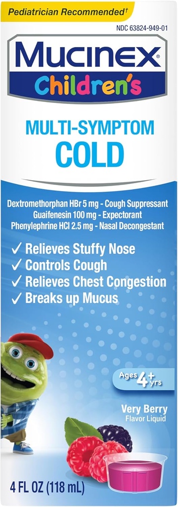 Mucinex Children's Multi-Symptom Cold Relief Liquid-Lelieves Stuffy Nese, Chest Congestion, Cough & Mucus, Forventende & Cough Supresentant med Dextromethorphan, Guaifenesin, Phenylephrin, 4 oz.