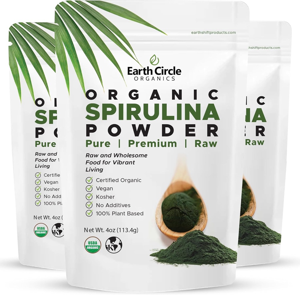 Earth Circle Organics Spirulina Powder, Kosher, Raw and Non-Irradiated | Pure Vegan Protein | Premium Superfood, High in Amino Acids and Antioxidants - 4 Ounce (3 Packs)