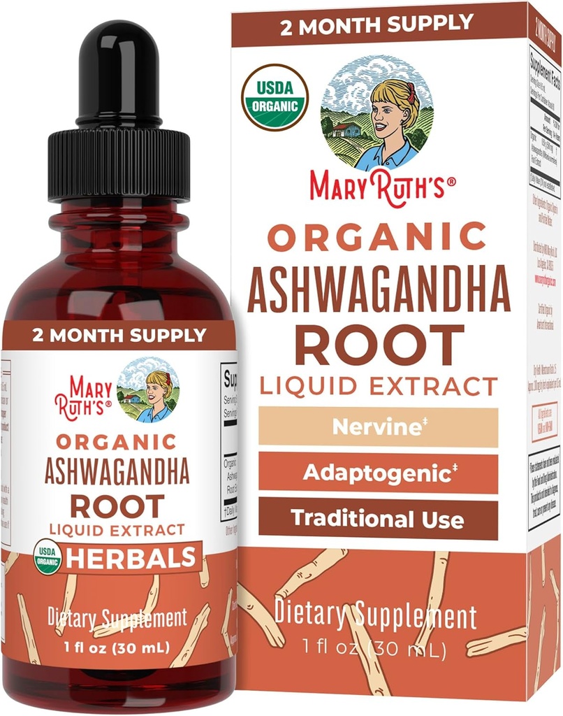 MaryRuth Organics Ashwagandha Root | USDA Organic Ashwagandha Liquid Drops | Stress Relief, Natural Calm, Relaxation and Mood Support Supplement |Adaptogenic | Nervine | Vegan | Non-GMO | 60 zerbitzari