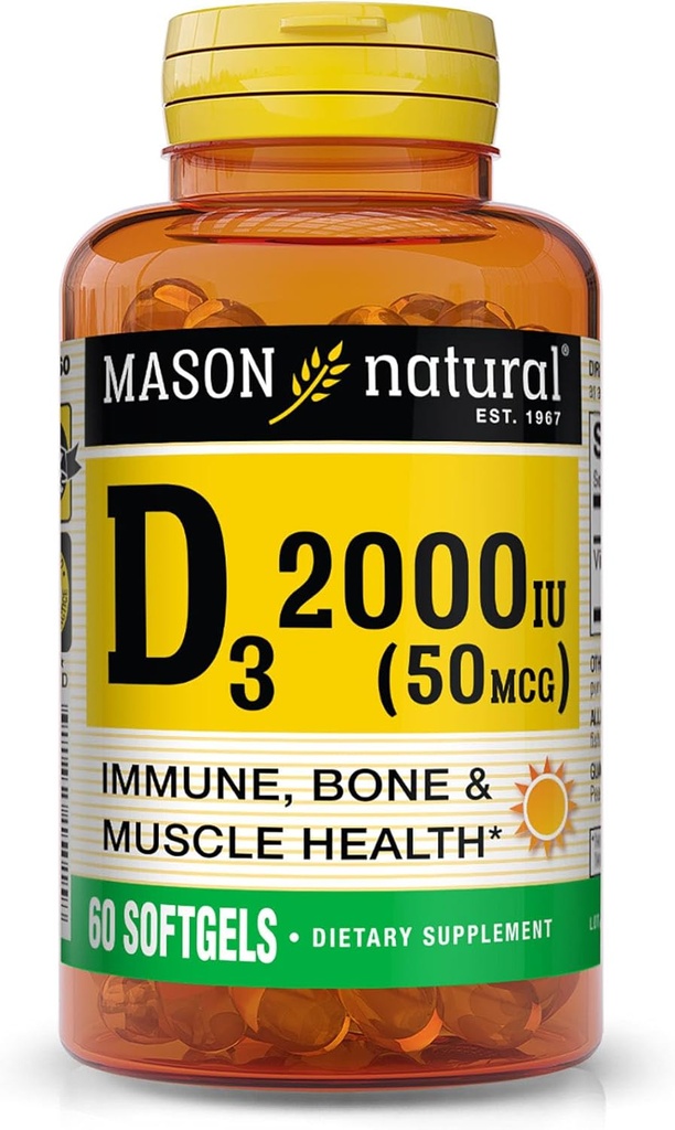 MASON NATURAL Vitamina D3 2000 UI Rezistenţă ultra, susţine densitatea osoasă, rezistenţa şi sănătatea imună, 60 Softgels