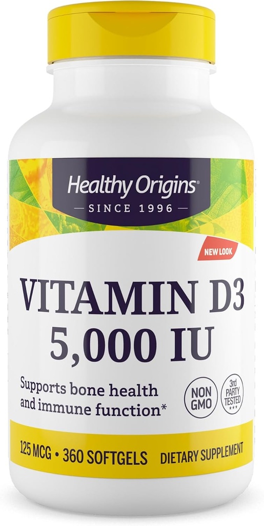 Gezonde oorsprong Vitamine D3 (Lanolin) 5.000 IE Softgel - Bone Health and Immune Support Supplement - Gemakkelijk te absorberen vitamine D Supplementen - Glutenvrije vitamine D3 Supplement - 360 Softgels