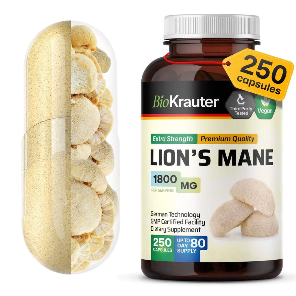 BIO KRAUTER® Lions Mane for Focus Support & Brain Health - Vegan Lion's Mane Mushroom Supplement, Natural Clarity & Immune Support - 1800 mg per Serving, 250 Сapsules, Non-GMO