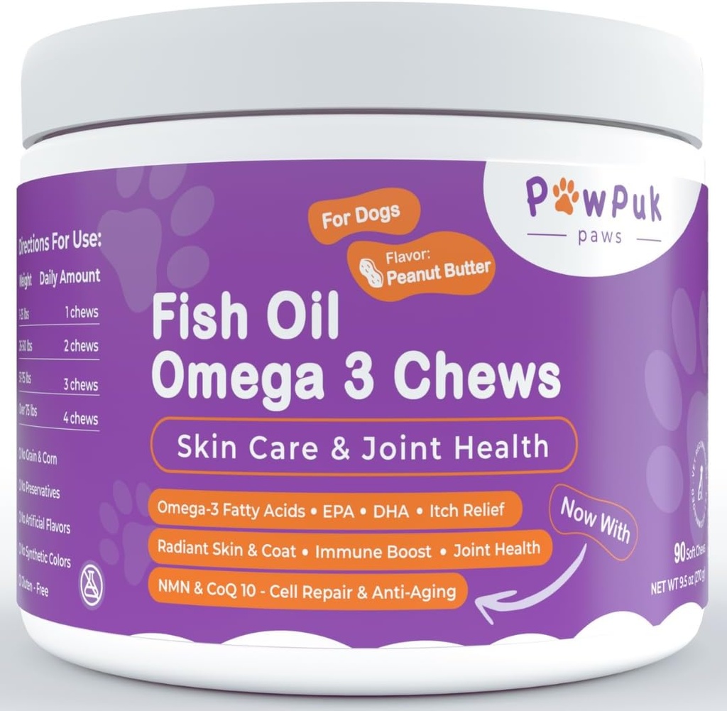 Omega 3 Fish Oil Chews for Dogs - EPA & DHA pro pleť & Coat Health Plus celkové zdraví, Itch Relief, Joint & Mobility Support, CoQ10 & NMN - Přírodní protistárnutí doplněk pro psy