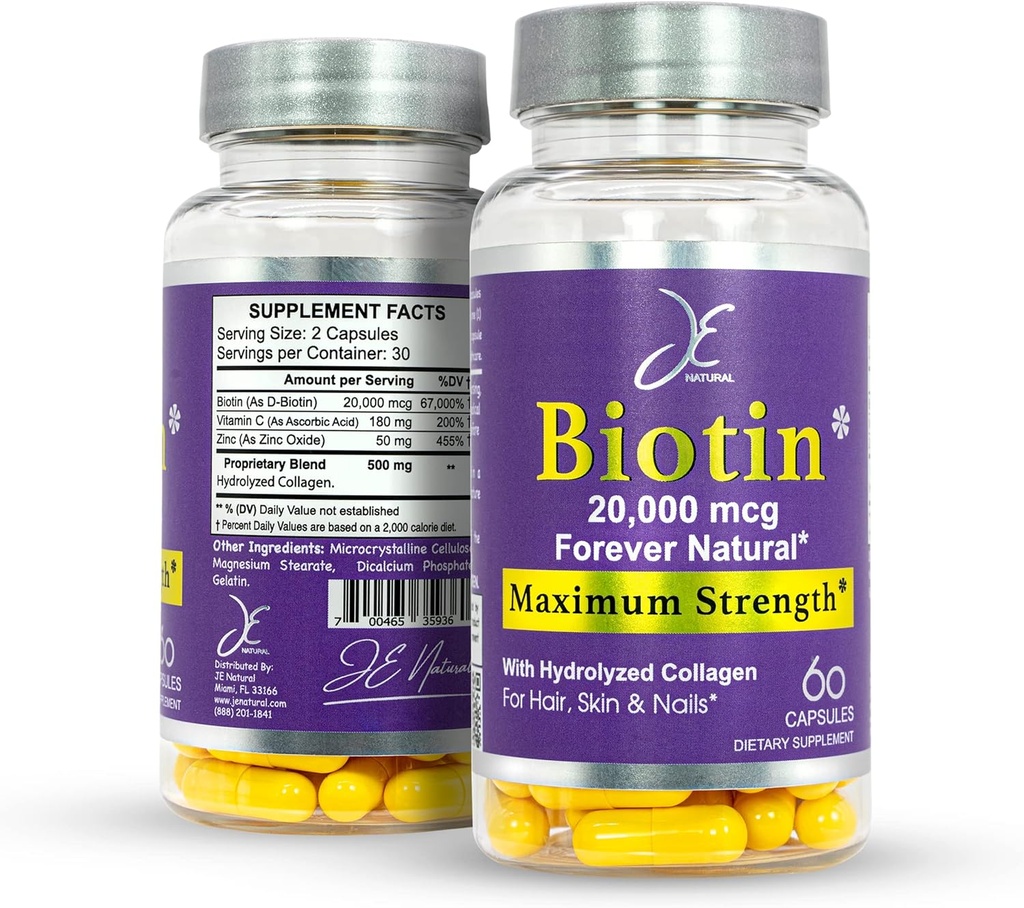 JE Natural Biotin Chain và Nang Nails vitamins, Biotin và Colgens Phụ Làm cho Tóc mọc nhanh hơn và dài hơn, cho mọi thời đại, 60 Capsules của Biotin 20000mg năng lượng tối đa.