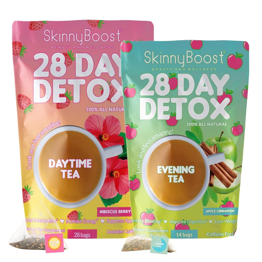 SkinnyBoost 28 Day Detox Tea Kit-1 Day Hibiscus (28 Bags) 1 Evening Apple Cinnamon(14 Bags) Non GMO, Vegan, All Natural, Green Tea and Herbal Teas for Natural Detox and Cleanse, Reduce Bloating