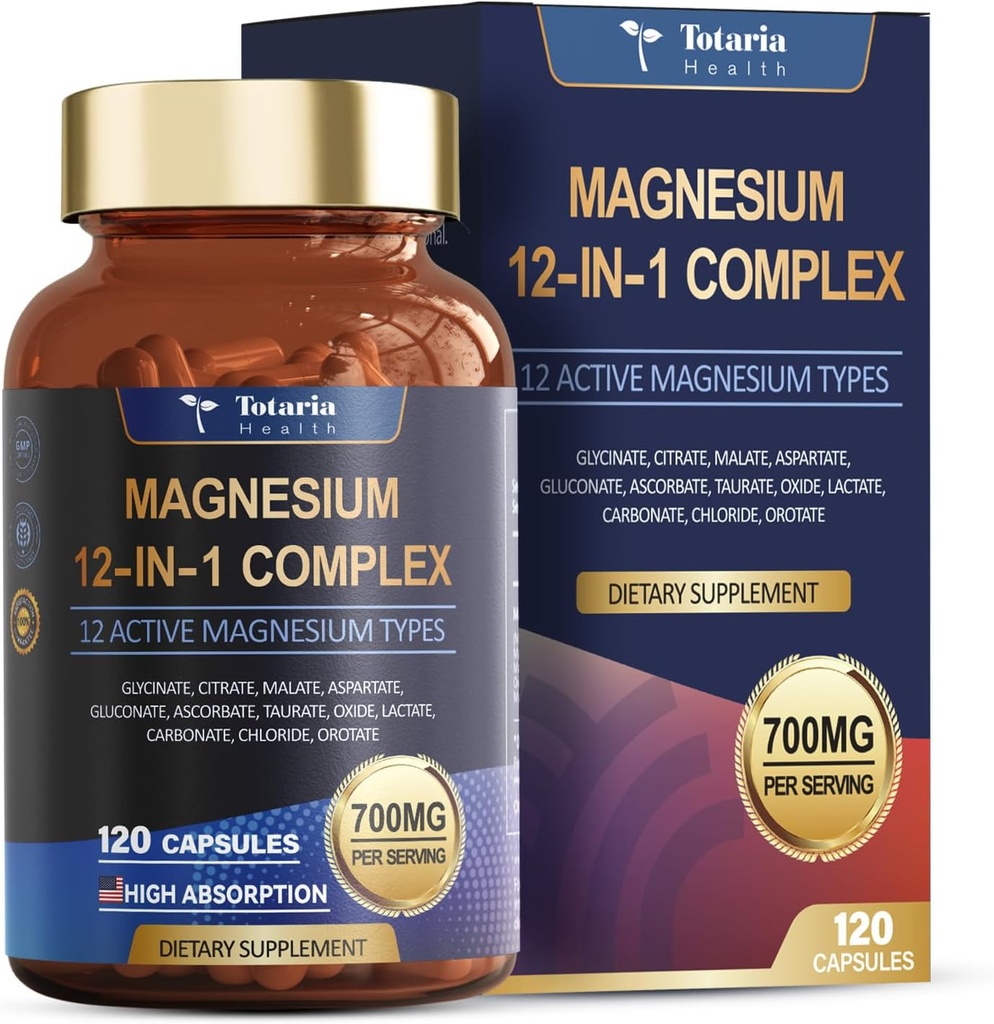 Totaria Magnesium Complex 700mg 12 Magnesio 1ean Glycinate Citrate Oxide Taurate Aspartate Orotate Magnesium Relaxation,Muscle,Heart Support, Vegan 120 kapsulak