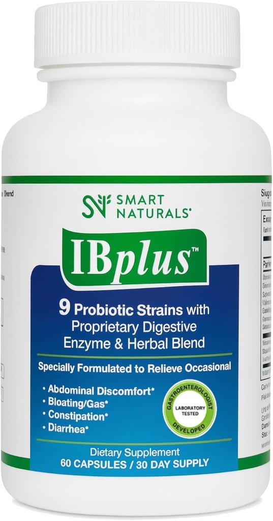IBplus ® Probiotiske, fordøjelsesfremmende enzymer & urteblend, Forbedret formula- 60 kapsler!! til Irritabel tarm - Abdominal smerte, obstipation, Diarré, Gas / Bloating -Proprietary Formel af Smart Naturals ™