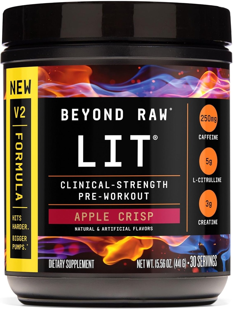 BEYOND RAW LIT V2 Klīniskā stipruma pirms Workout pulveris, hits cietāks, lielāki sūkņi, kofeīns, L-citrulīns, kreatīns, Apple Crisp, 30 Kalpo