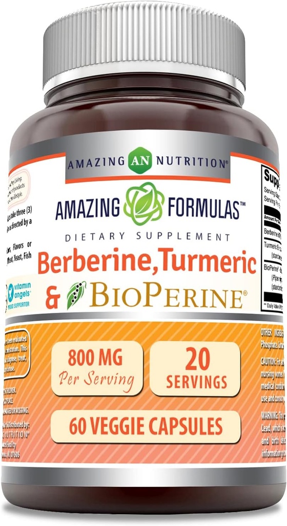 Amazing Formulas Berberine Turmeric " Bioperine 800mg Per Serving 60 Veggie Capsules supplement | Non GMO | Gluten Free | Made in USA  for Ideal for Vegetarians