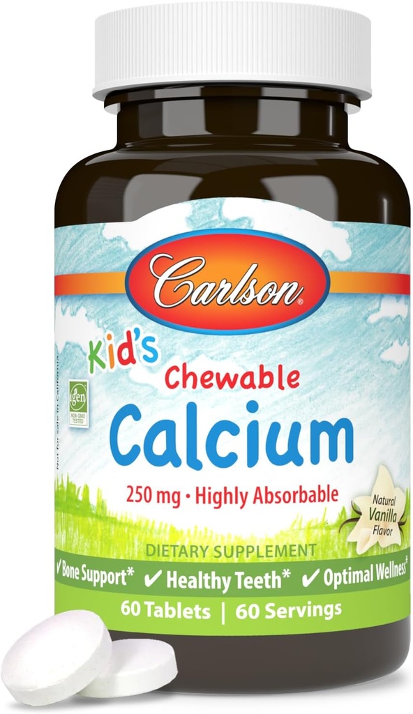 Carlson - Kid's Chewable Calcium, 250 mg, Υψηλή Απορροφώμενη, Οστά & Δόντια Υποστήριξη, Βέλτιστη Ευεξία, Φυσικό άρωμα βανίλιας, 60 δισκία