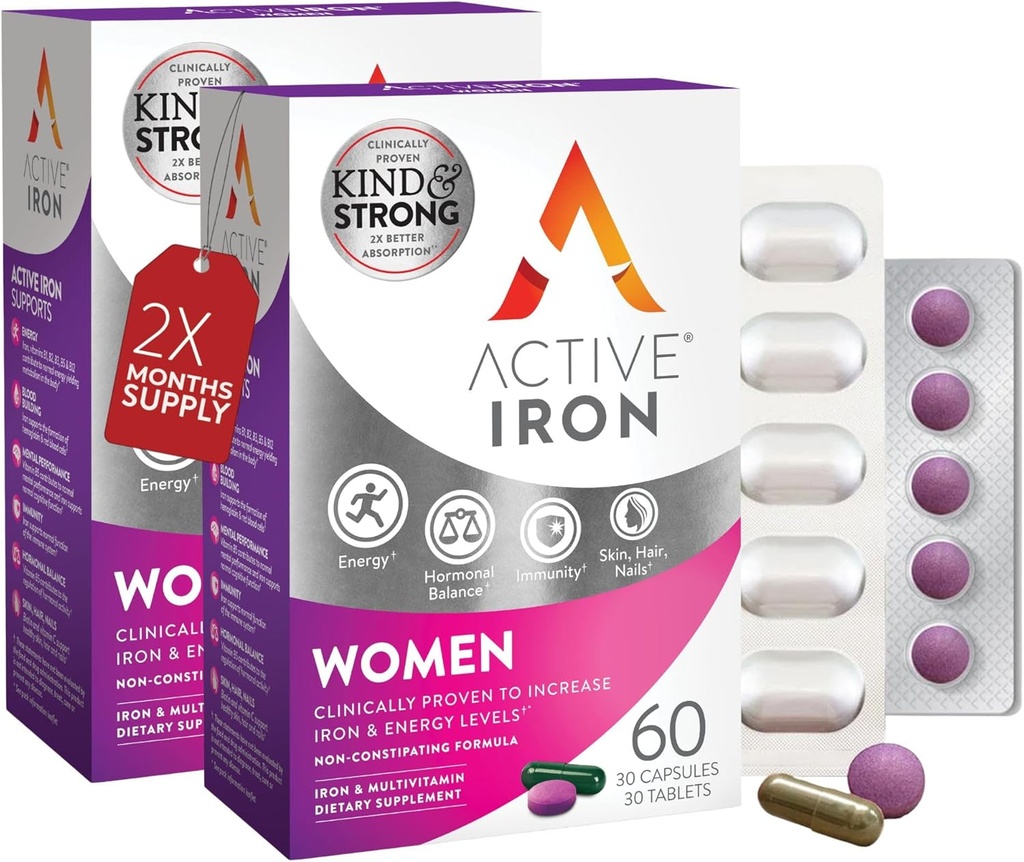 Qadınlar üçün Active Iron Supplement 25mg + Multivitamin - Klinik Proven Enerji artırmaq və Tiredness azaldır - Gentle, Non-Constipating Iron + Qadın Multivitamin - 60 Kapsül + 60 Tablet