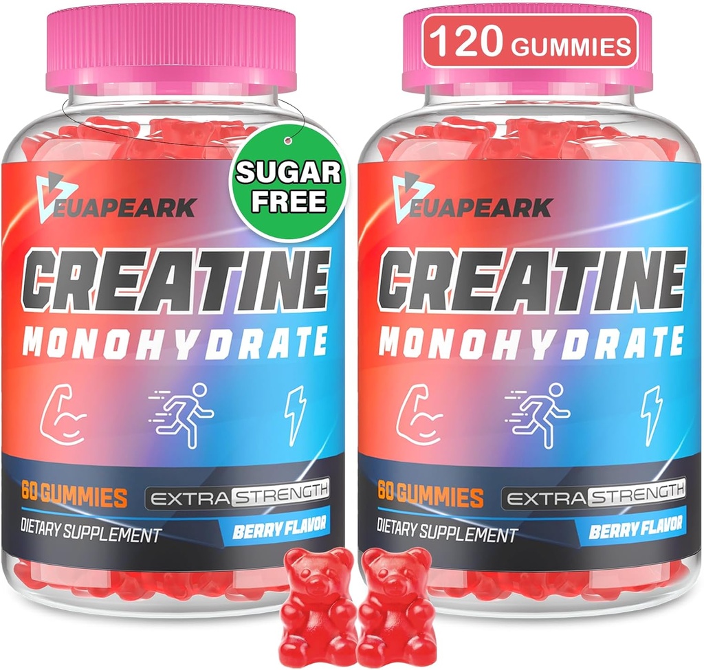 Creatine Monohydrate Gummies, Pre-Workout Chewables Supplement for Women and Men, Creatine Monohydrate with Taurine & B6 - for Muscle, Strength, Endurance & Energy, Vegan (Berry, 120 Gummies)