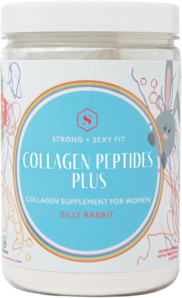 Vahva + Seksikäs Fit Collagen Peptides Plus Powder, jossa on hyaluronihappoa ja C-vitamiinia, naisten hiukset, iho, kynnet ja niveltukilisä, ruoho Fed Bovine Collagen, Silly Rabbit, 20-40 SVG