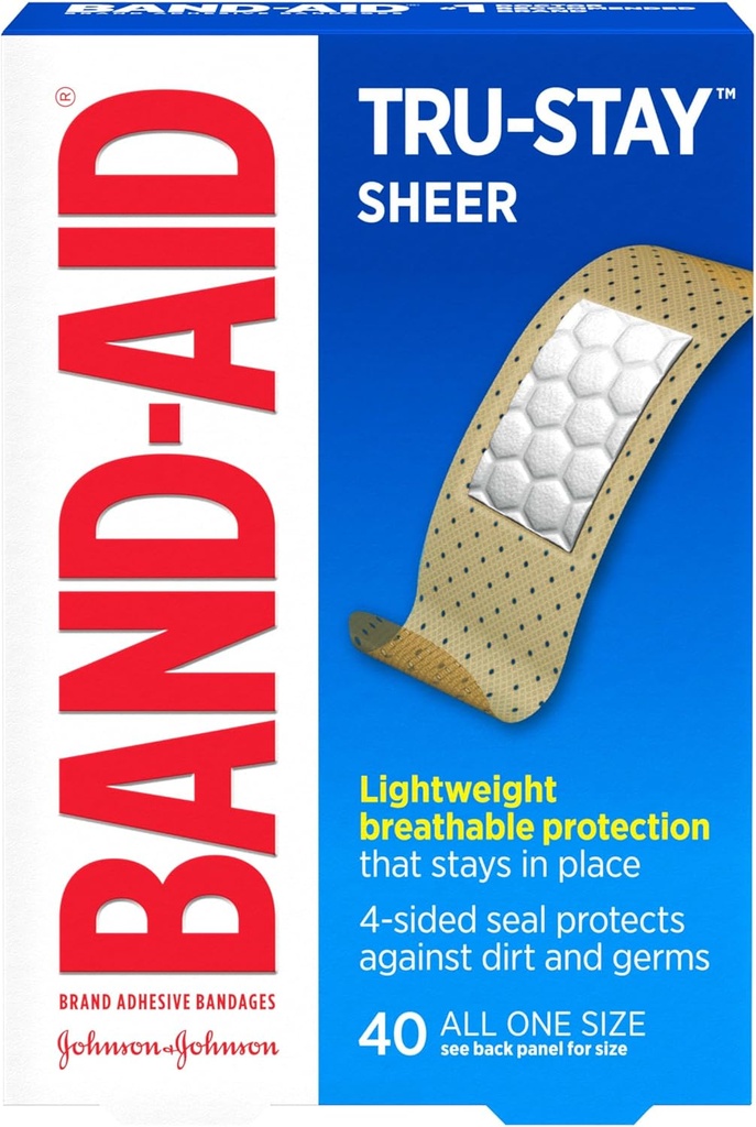 Band- Aid Brand Tru- Stay Sheer Strips ragasztó steril kötszerek elsősegély és sebvédelem, egyéni csomagolású sebápolási kötszerek kisebb vágások és scrapes, minden egy méret, 40 rp