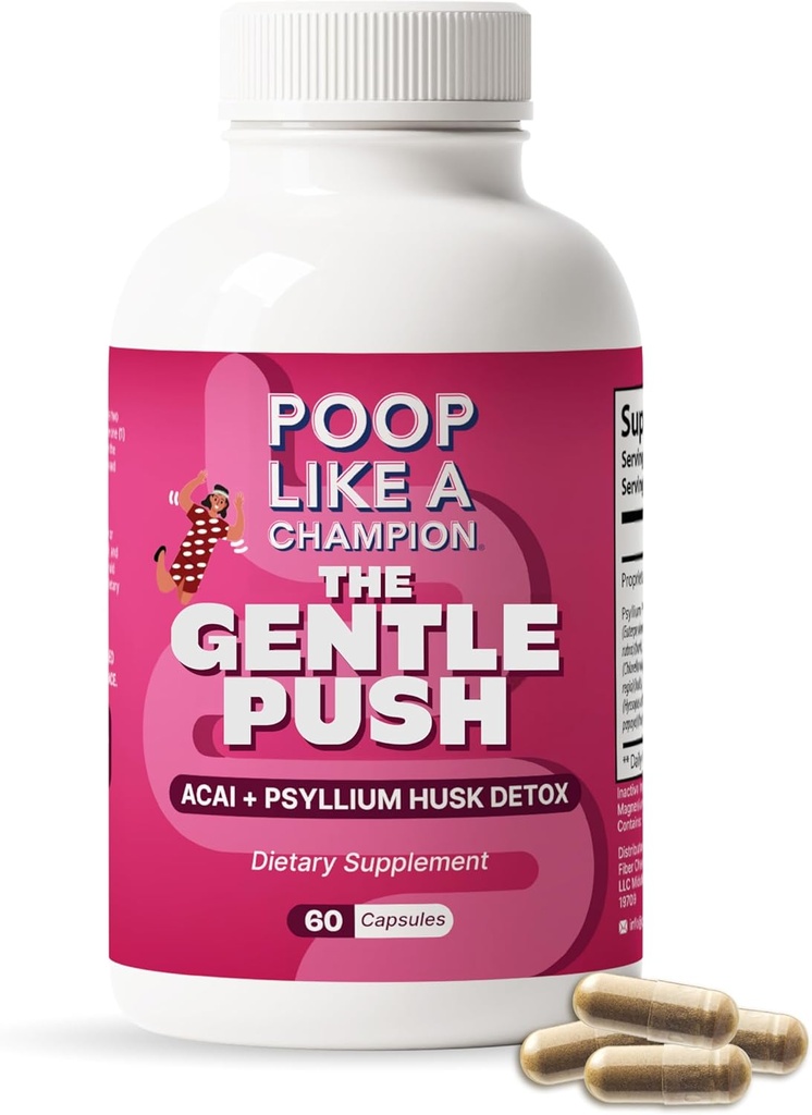 Poop Like a Champion Constipation Relief Capsules - Acai, Psyllium Husk, Ginger Root, Chlorella, Prebiotic Blend, 60 Capsules, Supports Bowel Movement, Promotes Gut Health