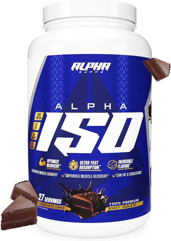 Alpha Supps ISO, Low Carb 100% Whey Protein Isolate Powder, 25 Grams per Serving, помага за подпомагане на растежа на мускулите, ниска захар и Gluten Free (Chocolate Cake, 2 lb)