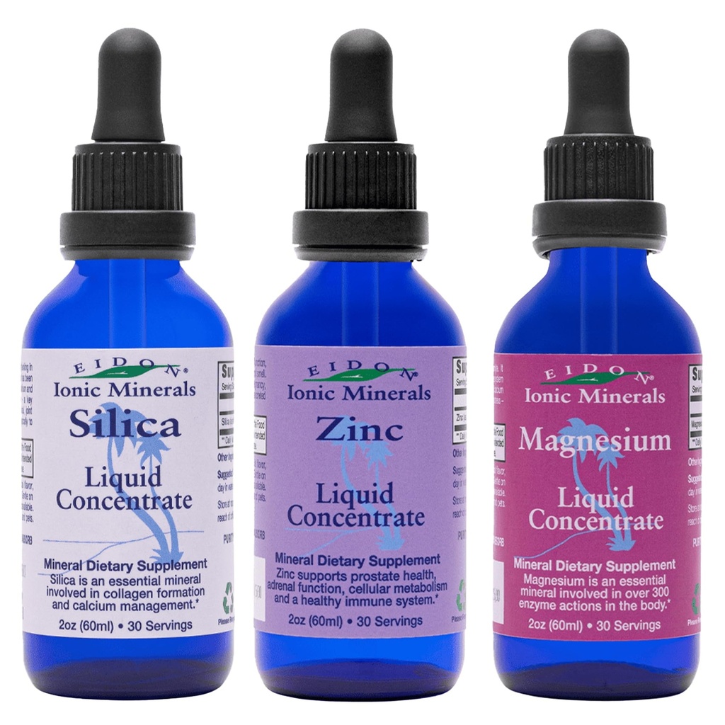 Eidon Ionic Minerals Liquid Silica, Zinc, & Magnesium Drops Variety Pack - Silica, Zinc, & Magnesium Supplements, All-Natural Trace Minerals, No Preservatives or Additives - 2 oz, Pack of 3