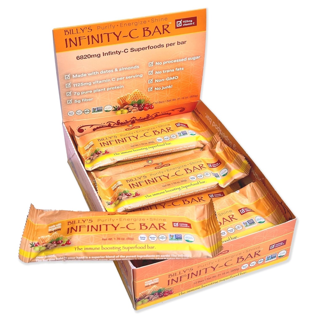 Infinity C Superfood Bars, Healthy Energy Bars med 1125 mg Whole Food Vitamin C, Immune Boosting Plant Based Ingredients, Camu Camu, Acerola, Amla Powder, & Shilajit, Raw, Gluten Free, Non GMO